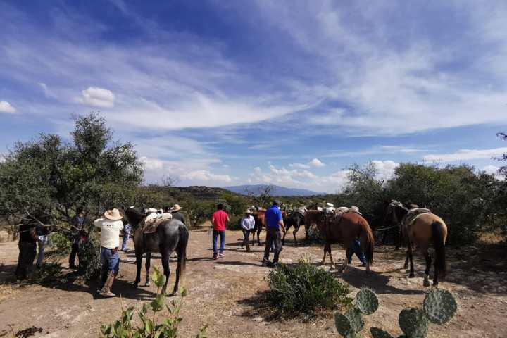 a group of people walking down a dirt road